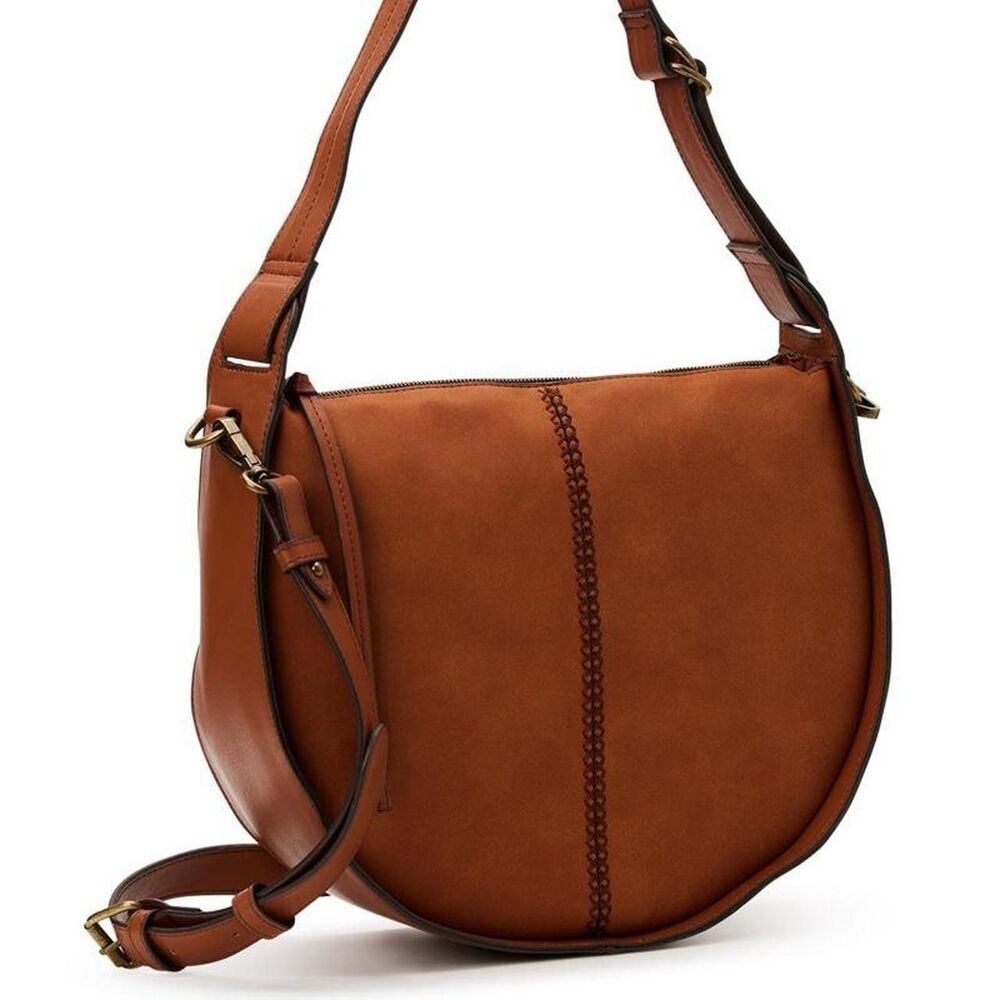 Tan leather crossbody bag with gold hardware - Suede Faux Leather, Like NEW - Picture 6 of 8